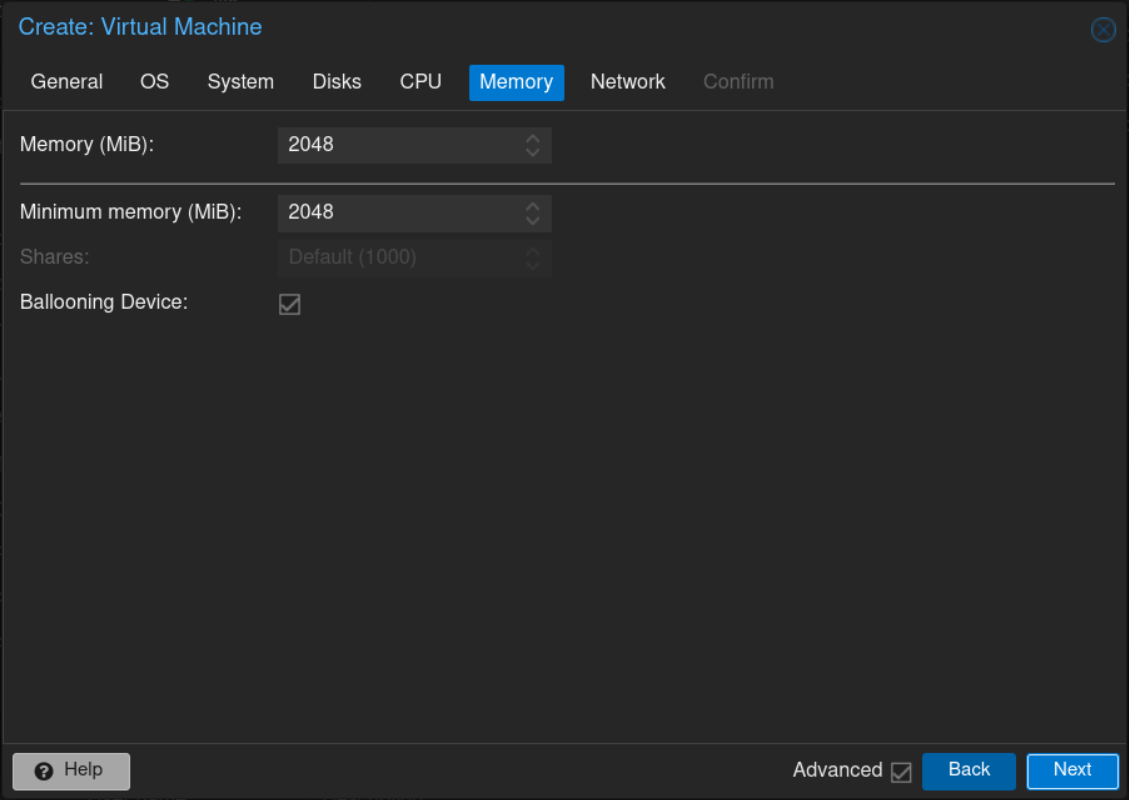 PVE Create VM: Memory