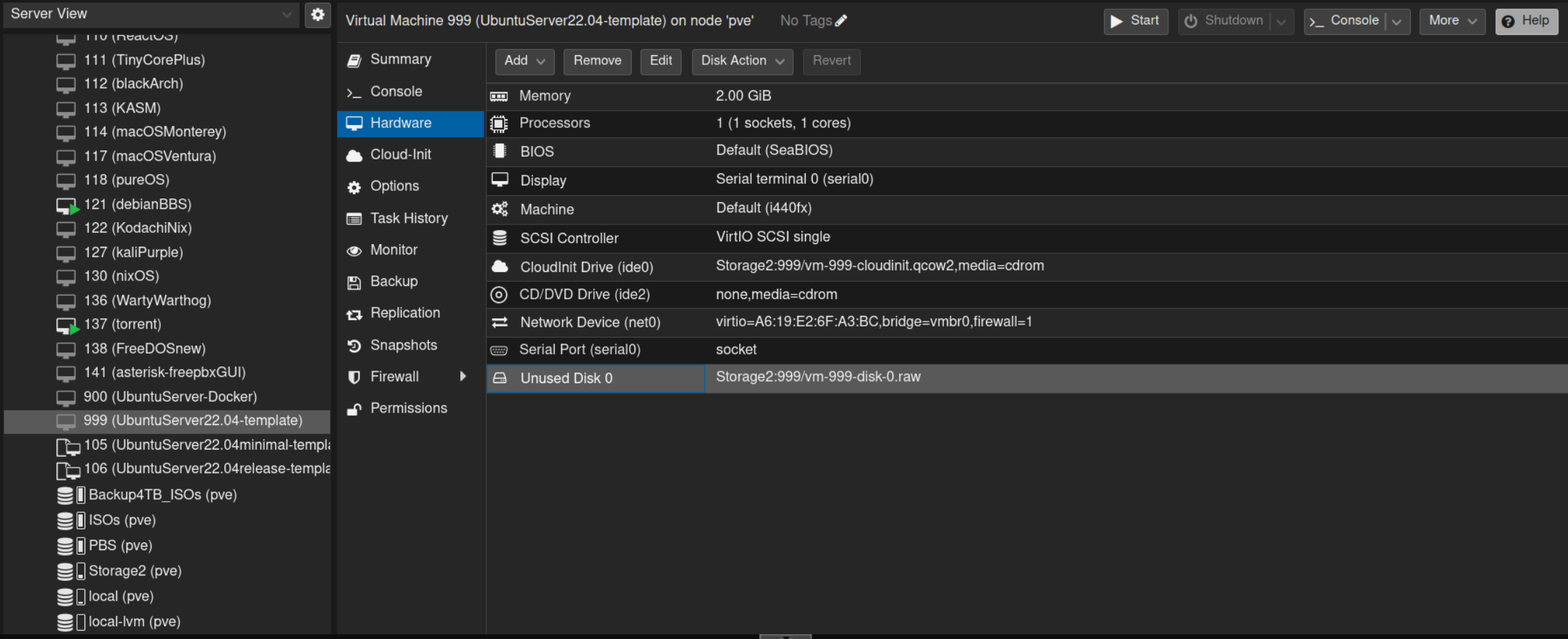 PVE VM 999: Hardware Tab