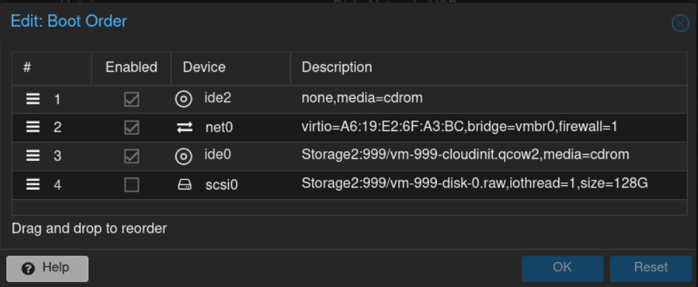 PVE VM 999: Edit: Boot Order