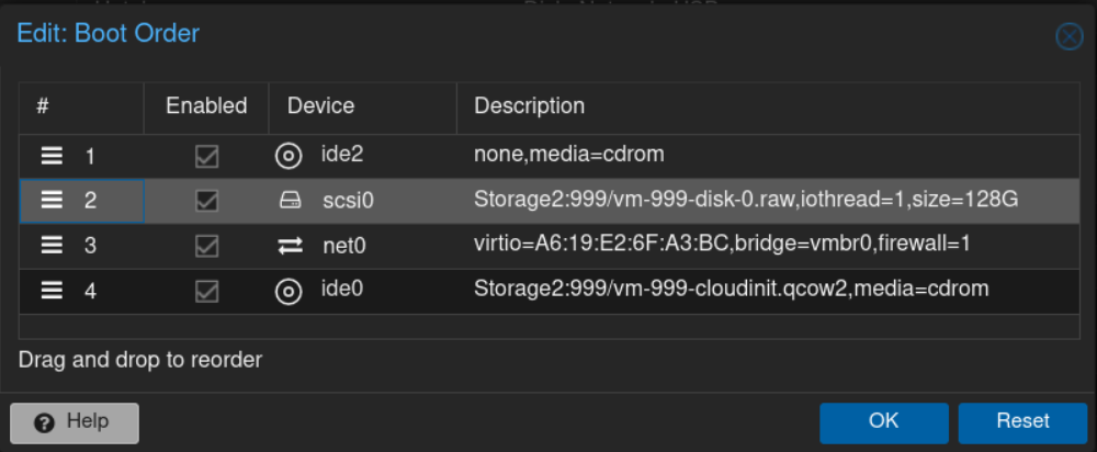 PVE VM 999: Edit: Boot Order